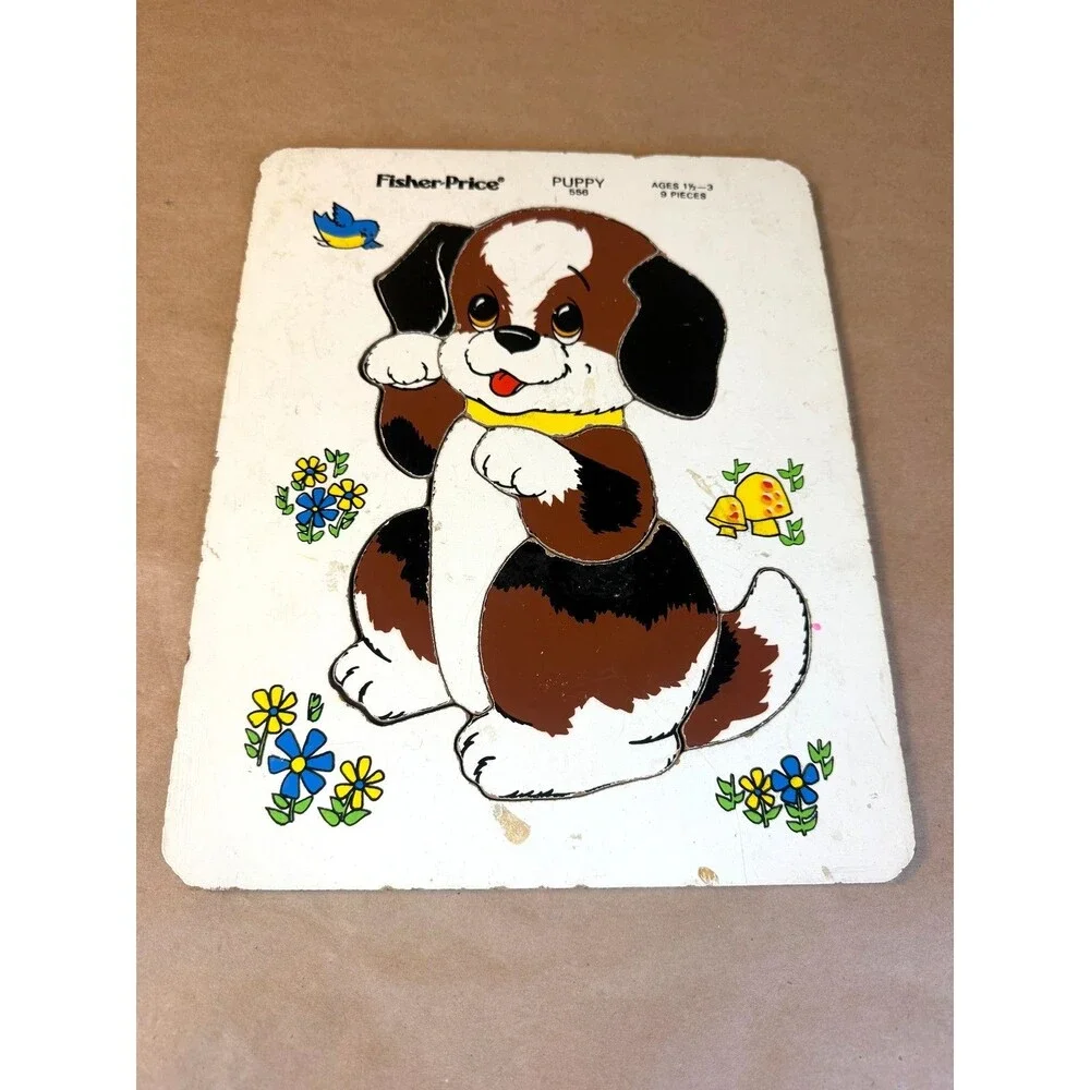 Vintage Fisher-Price Puppy Puzzle 556 Wood Frame Tray 9 Pieces 1970s Toy Rare